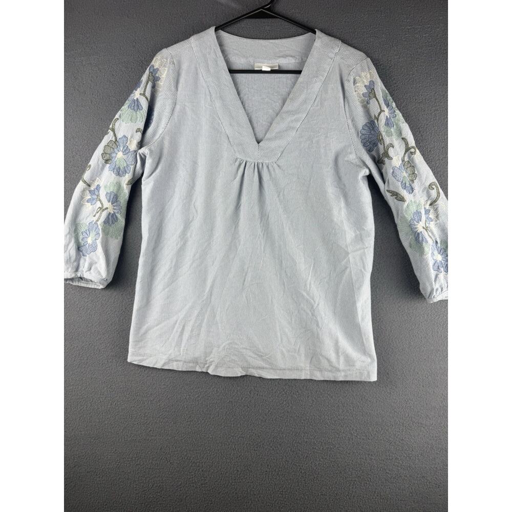 J Jill Striped Embroidered Floral Blouse Womens S Blue White 3/4 Sleeve Cotton